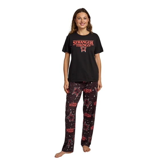 Stranger Thing Demogorgon Splatter Logo Women's Black Oversized Tee & Pants Sleep Set-Small