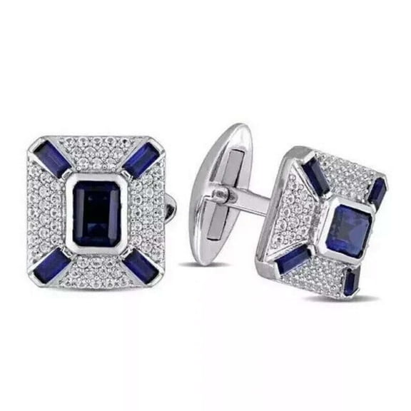 3.00CT Emerald Cut Blue Sapphire 925 Silver Men's Cufflinks In 14k White Gold Plated