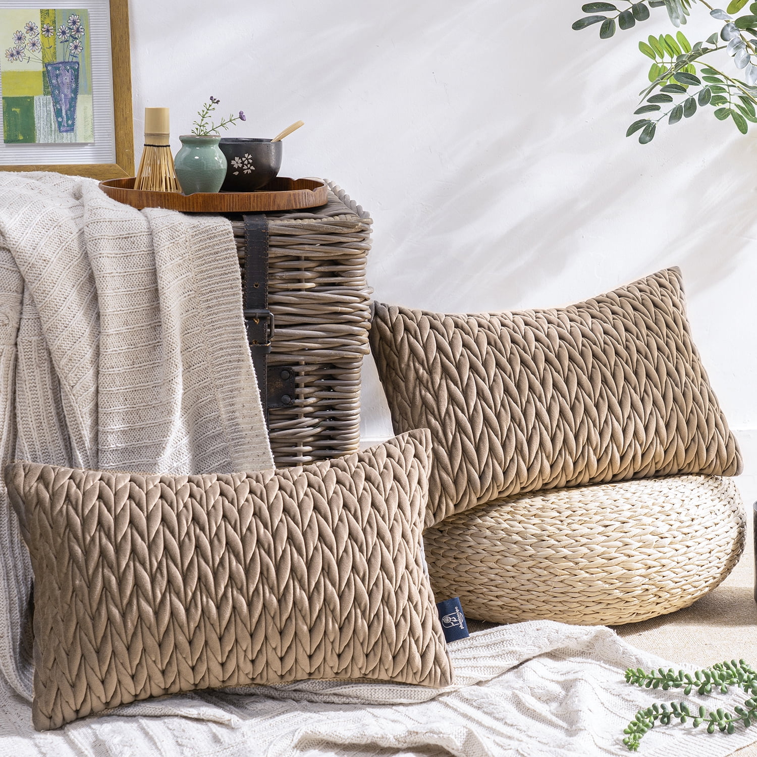 Phantoscope Quilted Velvet Lumbar Decorative Throw Pillow with Insert, Braided Texture, Light Brown, 12 x 20 in, 1 Pack