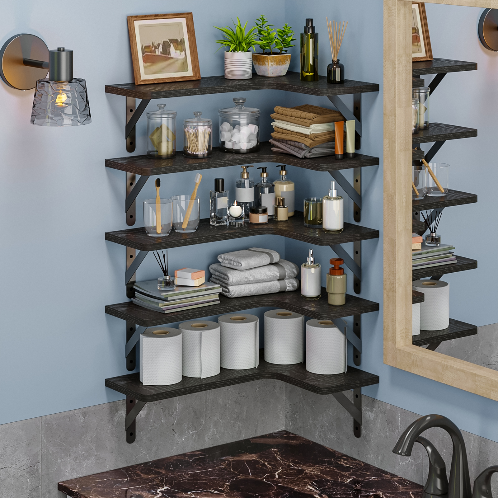 Tomnk Corner Floating Shelves, Set of 5 Rustic Wood Wall Shelves, Black