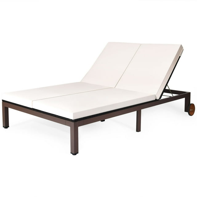 Topbuy 2-Person Patio Rattan Recliner Chair Chaise Lounge Daybed with Wheels & Cushion White