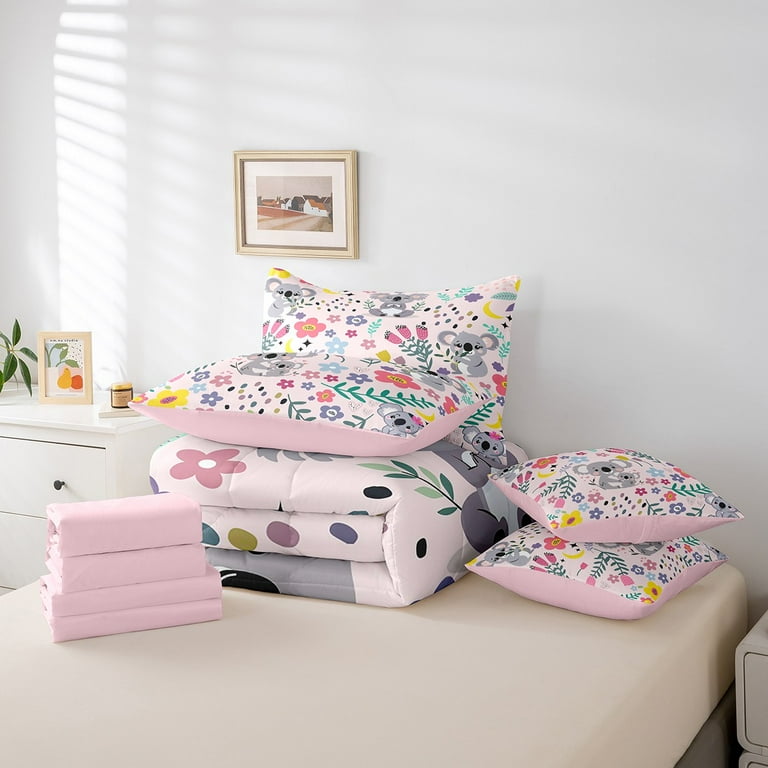 Floral Koala Comforter Set Full Size 7 Piece Bed in A Bag Kawaii