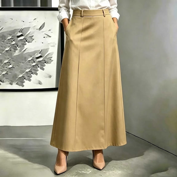 JGGSPWM Women's Maxi Skirt Summer Elegant Business A-Line Long Skirts High Waisted Work Office Casual Midi Skirt with Pockets Yellow M