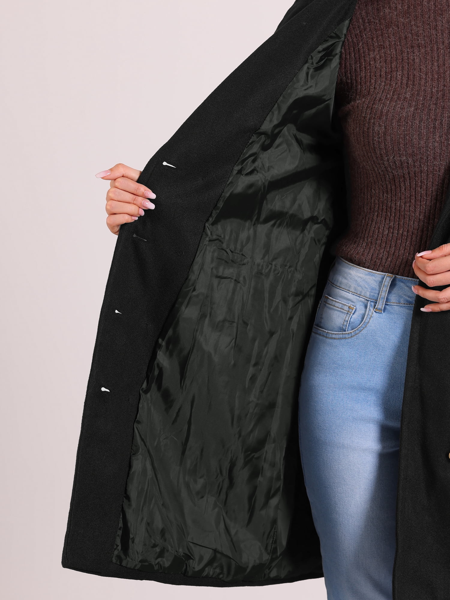 DARING DIVA Women's Notched Lapel Double Breasted Midi Long Winter Coats Black XS