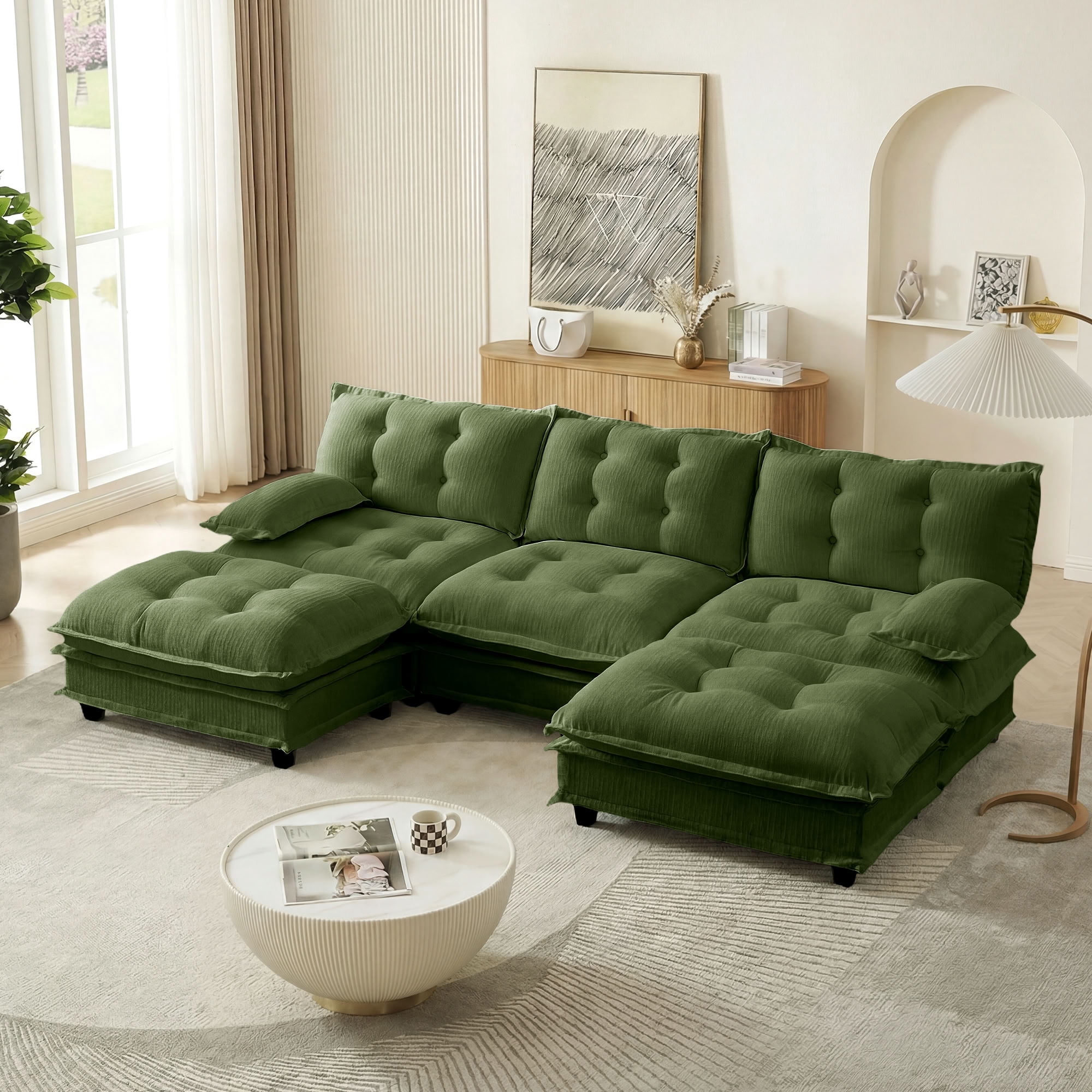 MAYEERTY 107 Inch U-Shaped Sectional Sofa with 2 Ottomans, Chenille 3-Seater Modular Couch, Solid Wood & Metal Frame for Living Room Bedroom Apartment