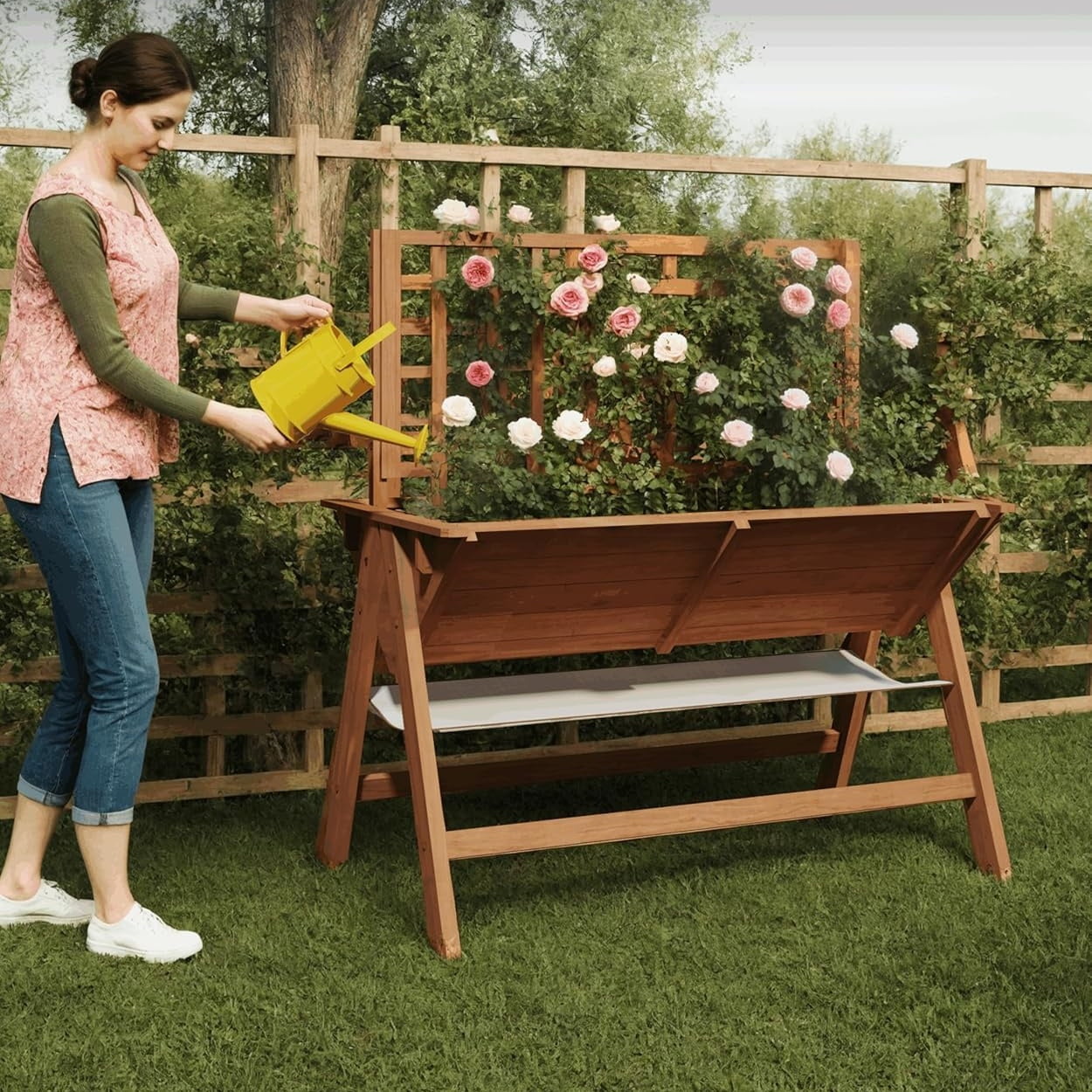Riedhoff Wooden Raised Garden Bed with Legs, with Trellis, 51.18*29.52*54.5 inch, Brown