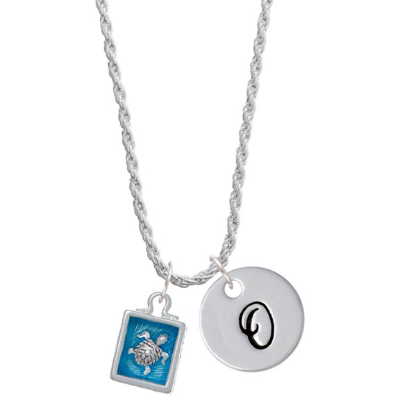 Delight Jewelry Silvertone Sea Turtle in Shadow Box Silvertone Script Initial Disc - O - Charm Necklace, 20"+3"