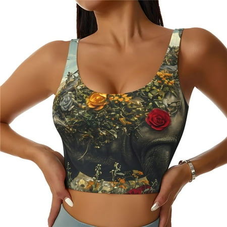 Adobk Floral Rhino With Birds Print Sports Bras for Women Longline Workout Crop Tank Tops Padded with Built in Shelf Padded Sports Bra-Medium