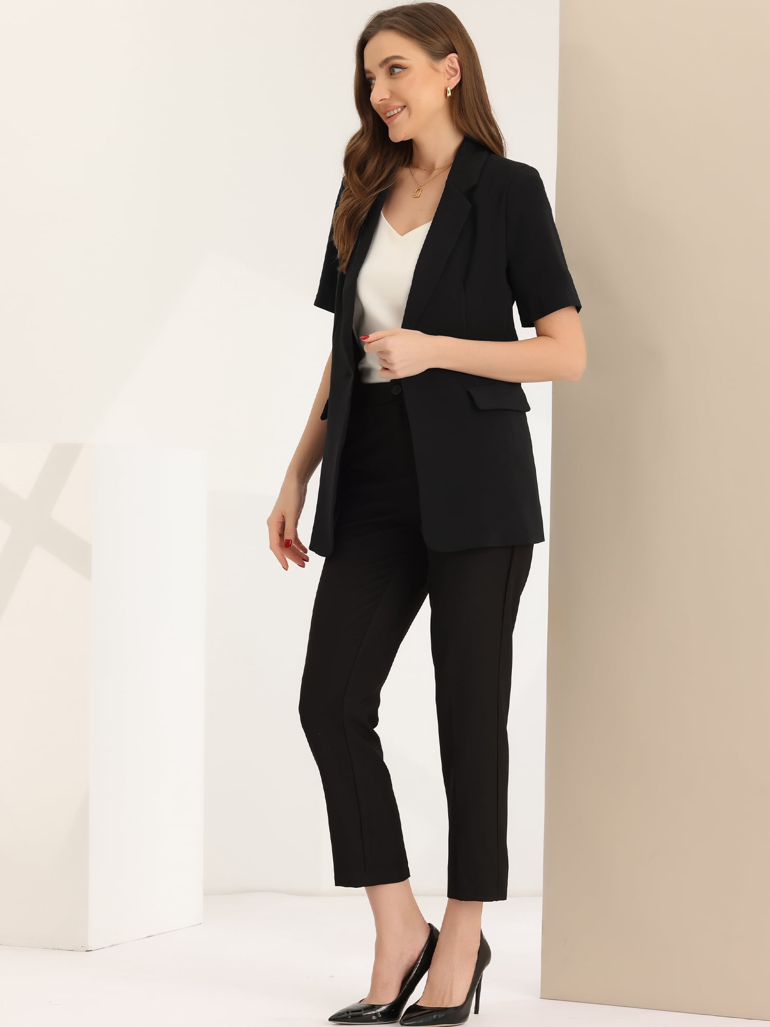 DARING DIVA Short Sleeve Button Down Lapel Blazer XL Black