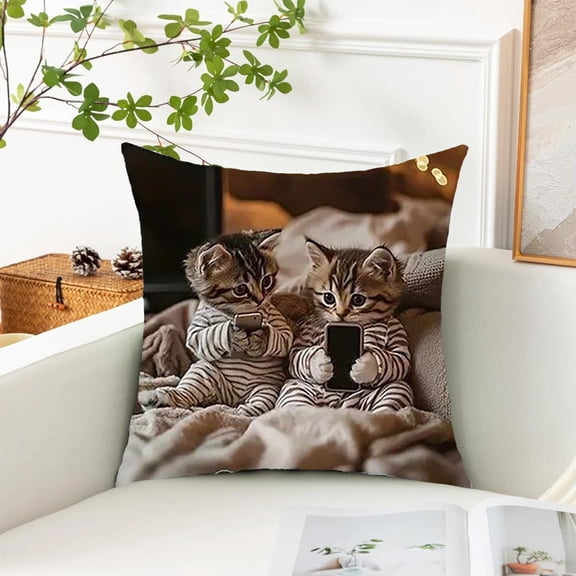 Cat Print Throw Pillow Cover 18x18 Inch, Cute Multicolor Cat Pattern Soft Polyester with Hidden Zipper, Decorative Cushion Case for Sofa Bed Living Room Home Decor