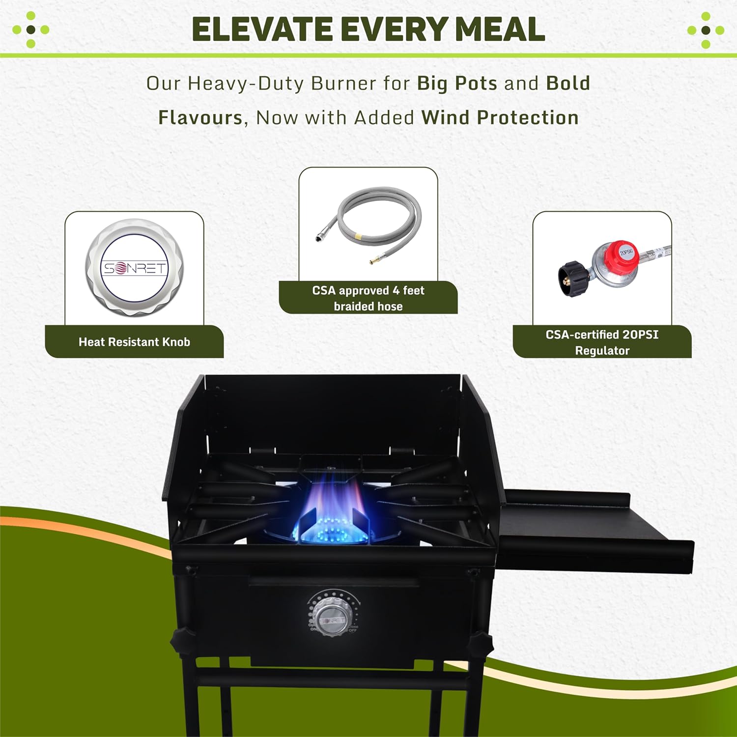 SONRET - Single Burner Propane Stove - 1,30,000 BTU - with Side Shelf & Wind Panel