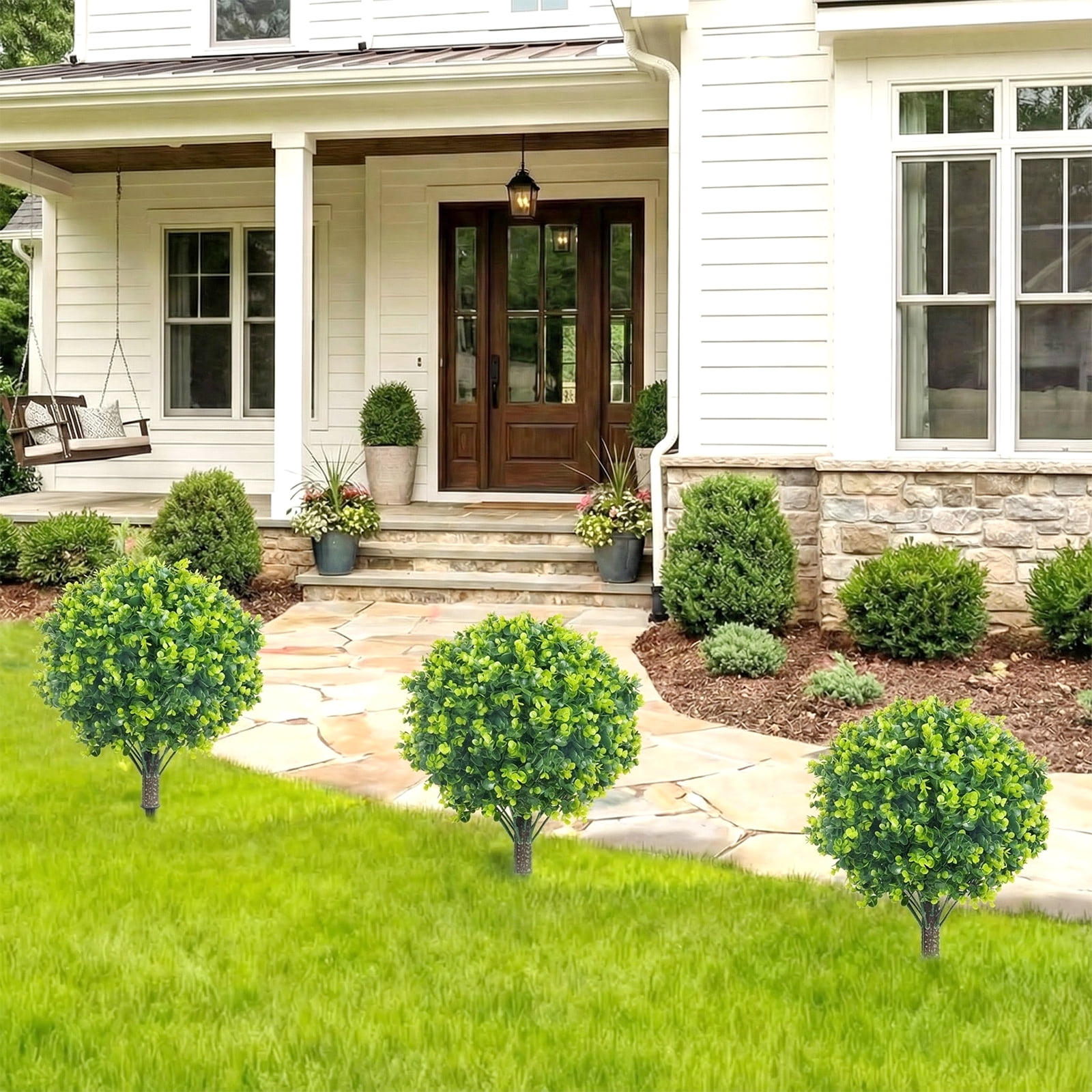THE BRIVE 21.6 Inch Artificial Green Topiary Ball Trees, 2 Set of UV Resistant Fake Shrubs Bushes Plants with Ground Spike, Fake Plants for Outdoor Indoor Front Porch Garden