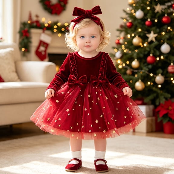 Girl Christmas Dress Crew Neck Long Sleeve Dress Winter Dresses Christmas Outfits Girls Formal Dress 12-18 Months