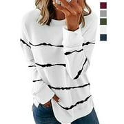 BAD PIGGIES BadPiggies Women's Long Sleeve Crew Neck T Shirt Casual Striped Pullover Sweatshirt Fall Winter Blouse Loose Tunic Tops (L, White)