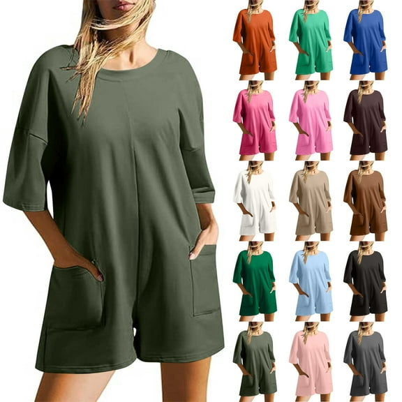 QATAINLAV Womens Oversized Tee Rompers Athletic Workout Reversible Overalls Back V Neck Casual Short Sleeve Onesie Romper with Pockets, Dark Blue, XXL