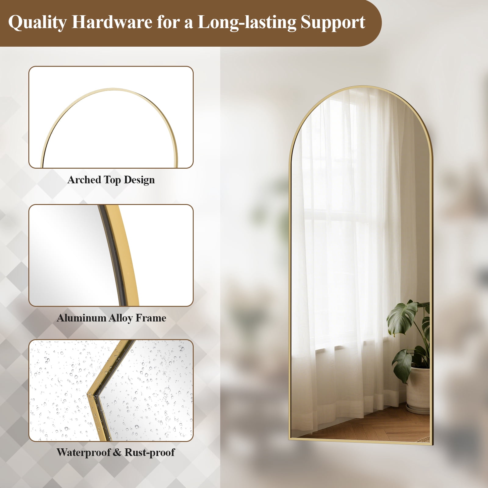 AUROMIR 56"x21" Arched Full Length Mirror Floor Mirror Full Body Standing Mirror, Gold