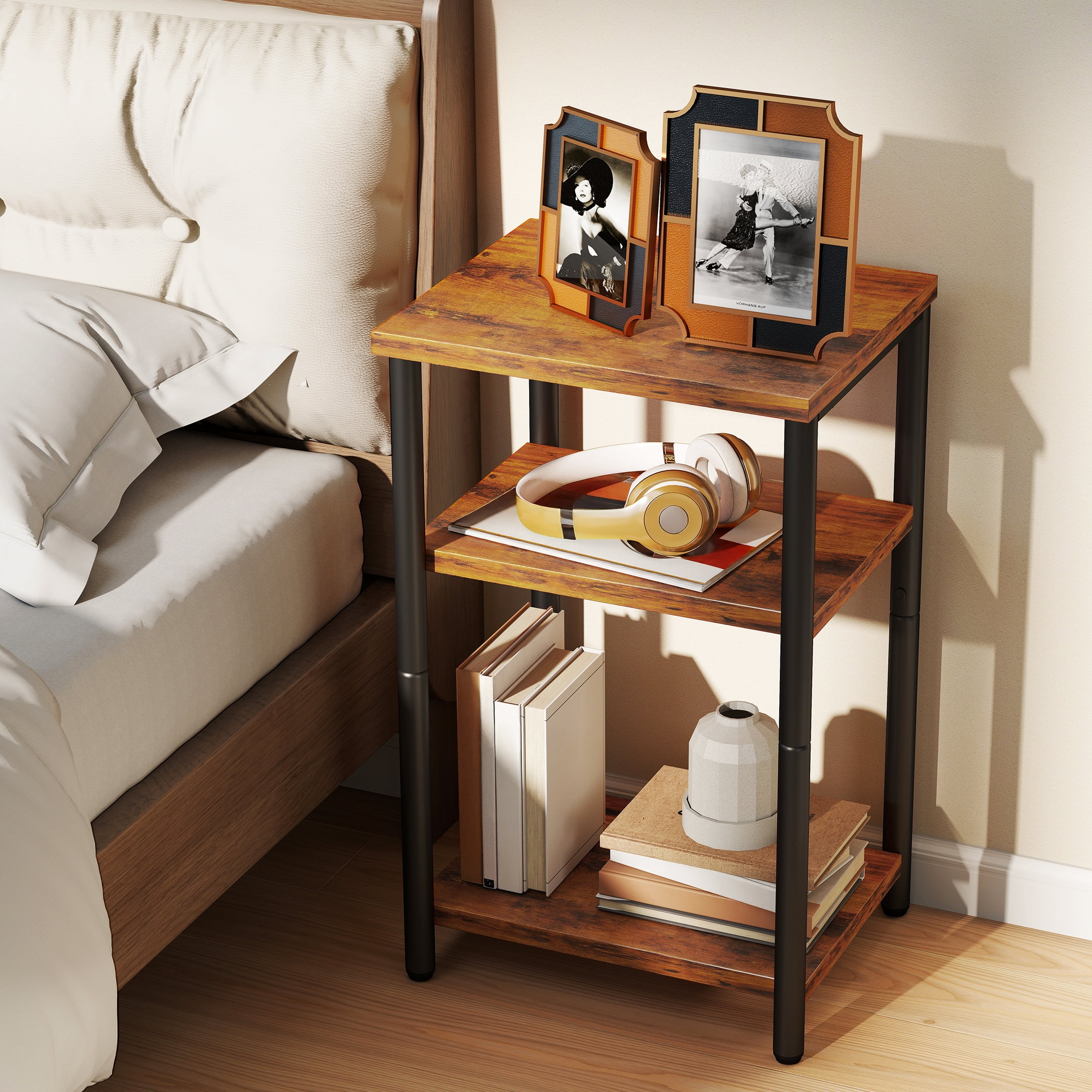 edx 3-Tier End Table, Nightstand, Storage Shelf for Living Room, Bedroom, Rust Brown,11.81"W x 13.39"D x 22.8"H