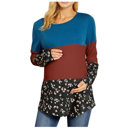 

Simplmasygenix Womens Maternity Clearance Long Sleeve Summer Tops Pregnancy Maternity Irregular hem Flower Print Tops Shirts