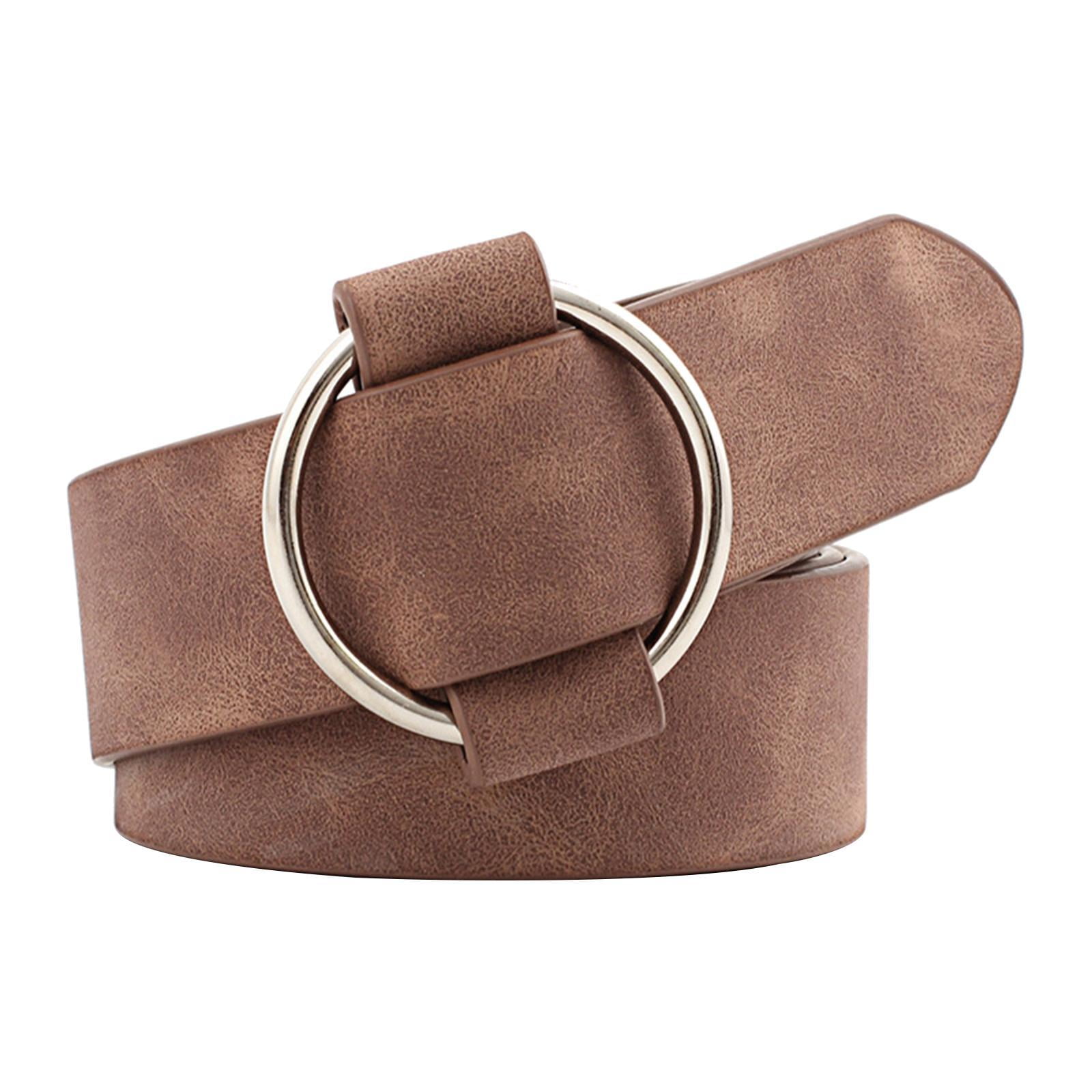 Girls women PU leather belt with round buckle waistband without prong Brown