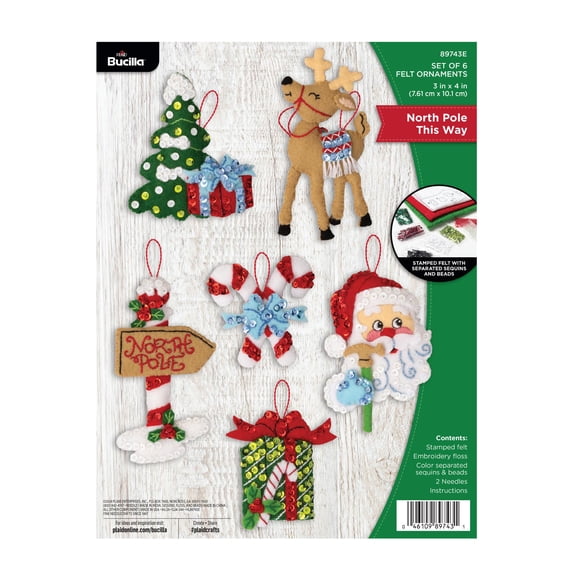 Bucilla North Pole This Way 6 Count Felt Applique Ornament Kit, 3 x 4 in