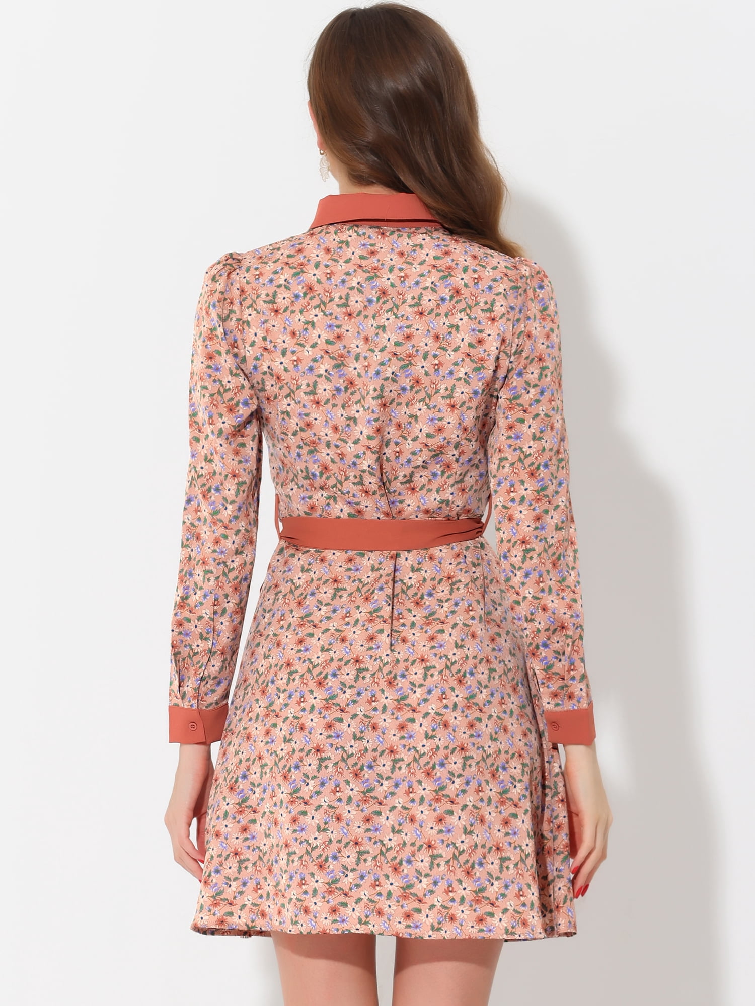 Unique Bargains Women's Contrast Collar Button Front Vintage Floral Shirt Dresses L Pink