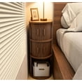 thumbnail image 2 of Fluted Narrow Nightstands with Sliding Tambour Doors, 3-Tier Slim Bedside Table with Open Shelf for Small Space, Walnut, 2 of 7