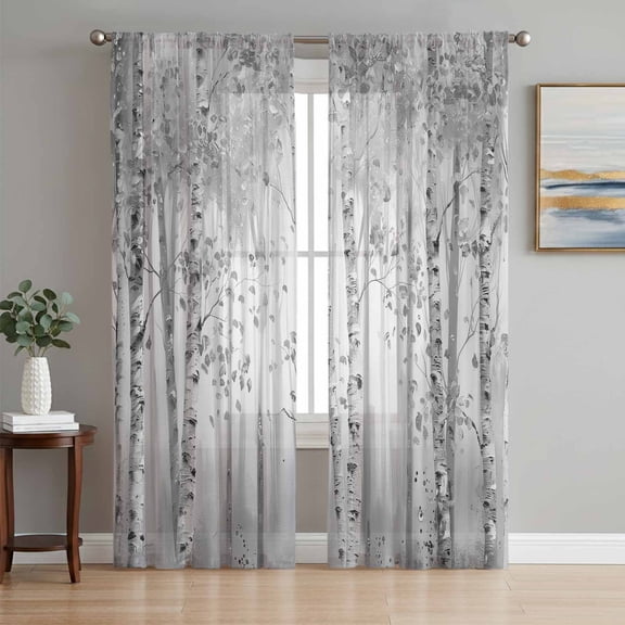 Sheer Curtains 84 Inches Long, Gray Grey Forest Light Filtering Window Curtains for Living Room/Bedroom, Grey Modern Art Oil Painting Rod Pocket Voile Sheer Curtain Drapes, 52"W x 84"L, 2 Panels