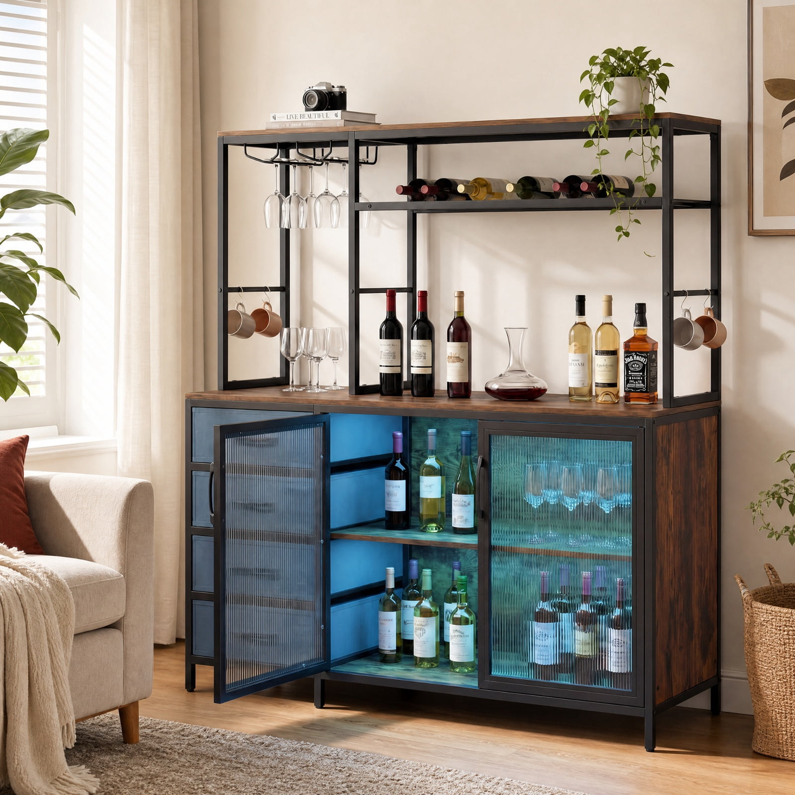 Furnibear Sideboard Buffet Cabinet with LED Lights 55 inch Coffee Table with Power Outlets for Kitchen Dining Living Room Buffet, Rustic Brown