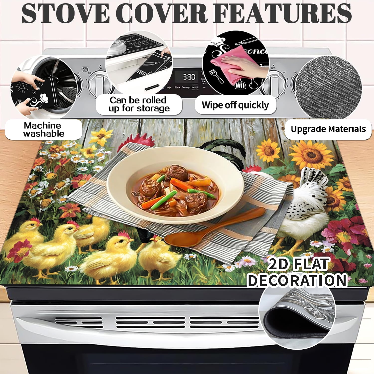 Farm rooster pattern Stove Top Cover for Electric Stove (28.5"x20.5") - Ceramic Glass Cooktop Protector, Heat Resistant Range Cover, Flat  Stovetop Protector, Multipurpose Dish Drying Mat for Kitchen