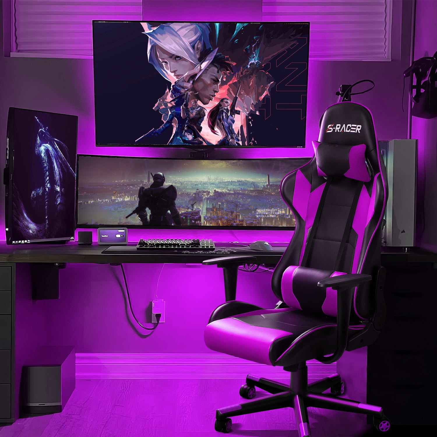 Homall Gaming Chair Office Chair High Back Computer Chair Leather Desk Chair Racing Executive Ergonomic Adjustable Swivel Task Chair with Headrest and Lumbar Support, Purple