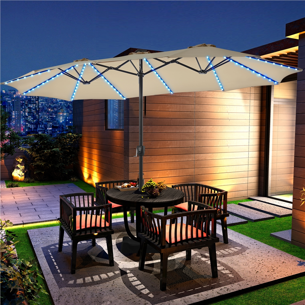 Renwick 15 FT Outdoor Umbrella with Base & Multi-Mode LED Lights Strips, Tan
