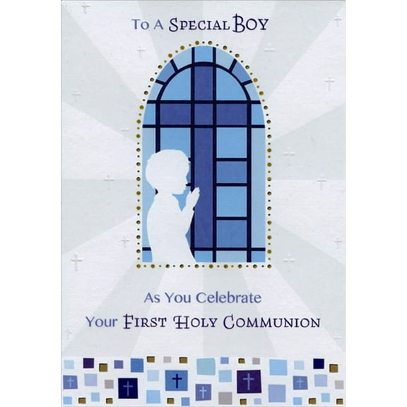 Designer Greetings Silouette In Front of Stained Glass Window 1st / First Communion Card for Boy