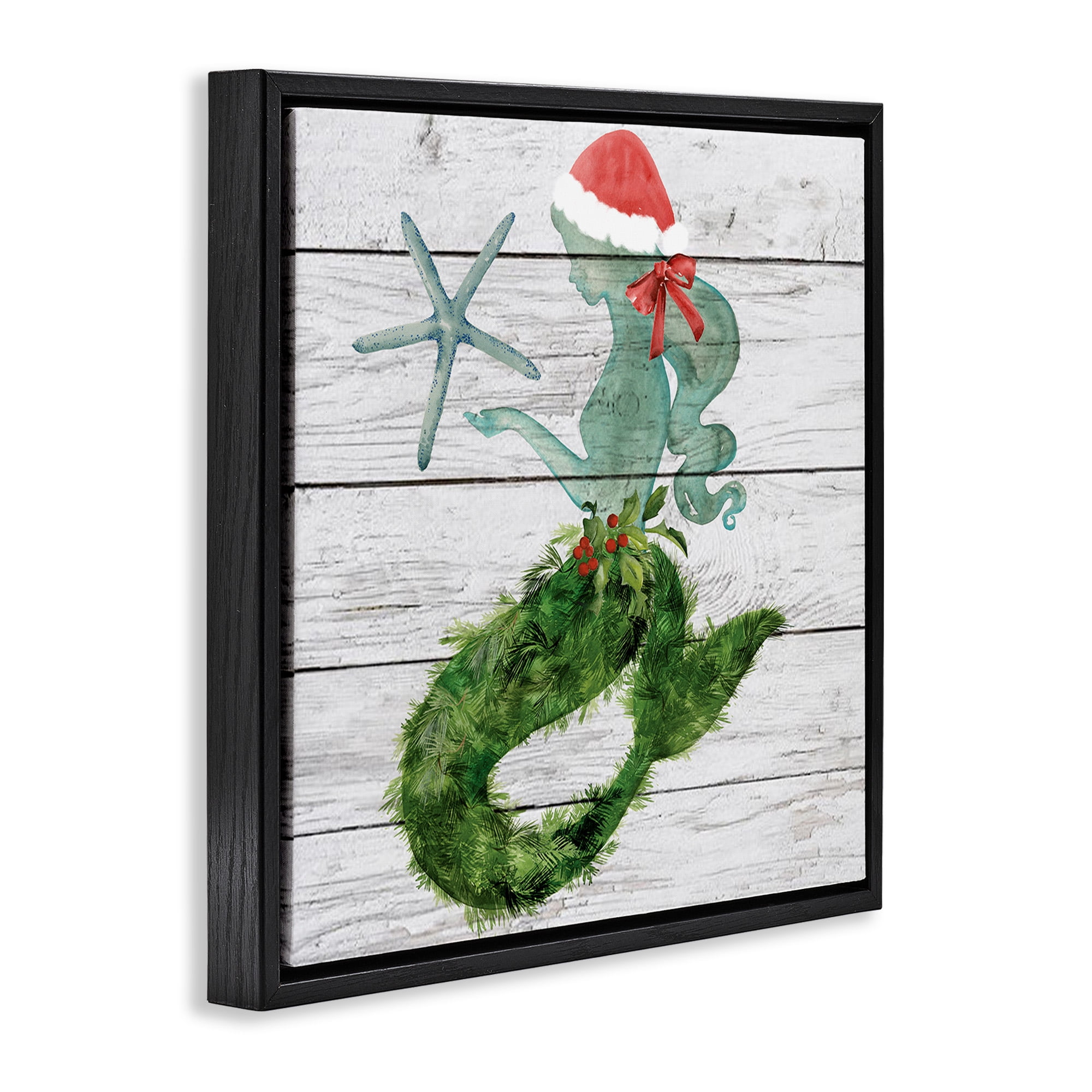 Stupell Industries Christmas Mermaid & Winter Holly Nature Painting Black Floater Framed Canvas Art Print Wall Art, 25 x 25