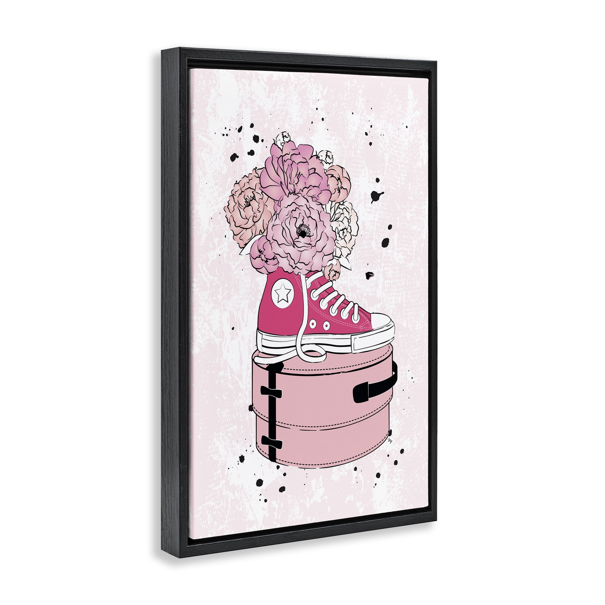 Stupell Industries Pink Glam Sneaker Florals Fashion Painting Black Floater Framed Canvas Art Print Wall Art, 21 x 31