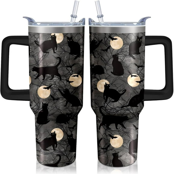 40oz Goth Cat Tumbler with Handle and Straw, Gothic Stainless Steel Insulated Cup with Lid, Travel Coffee Mug Water Bottle, Halloween Birthday Mothers Day Gifts for Women Men Animal Lovers