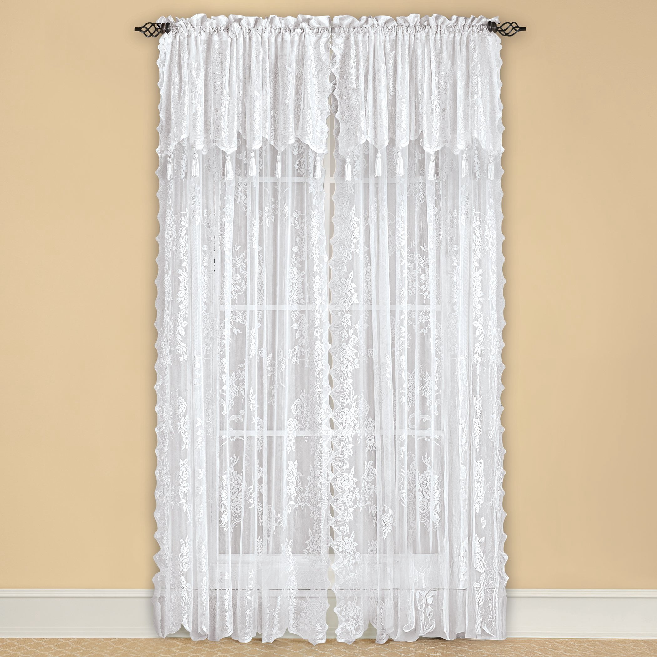 Collections Etc Carly Sheer Floral Lace Design Curtain Panel and Valance