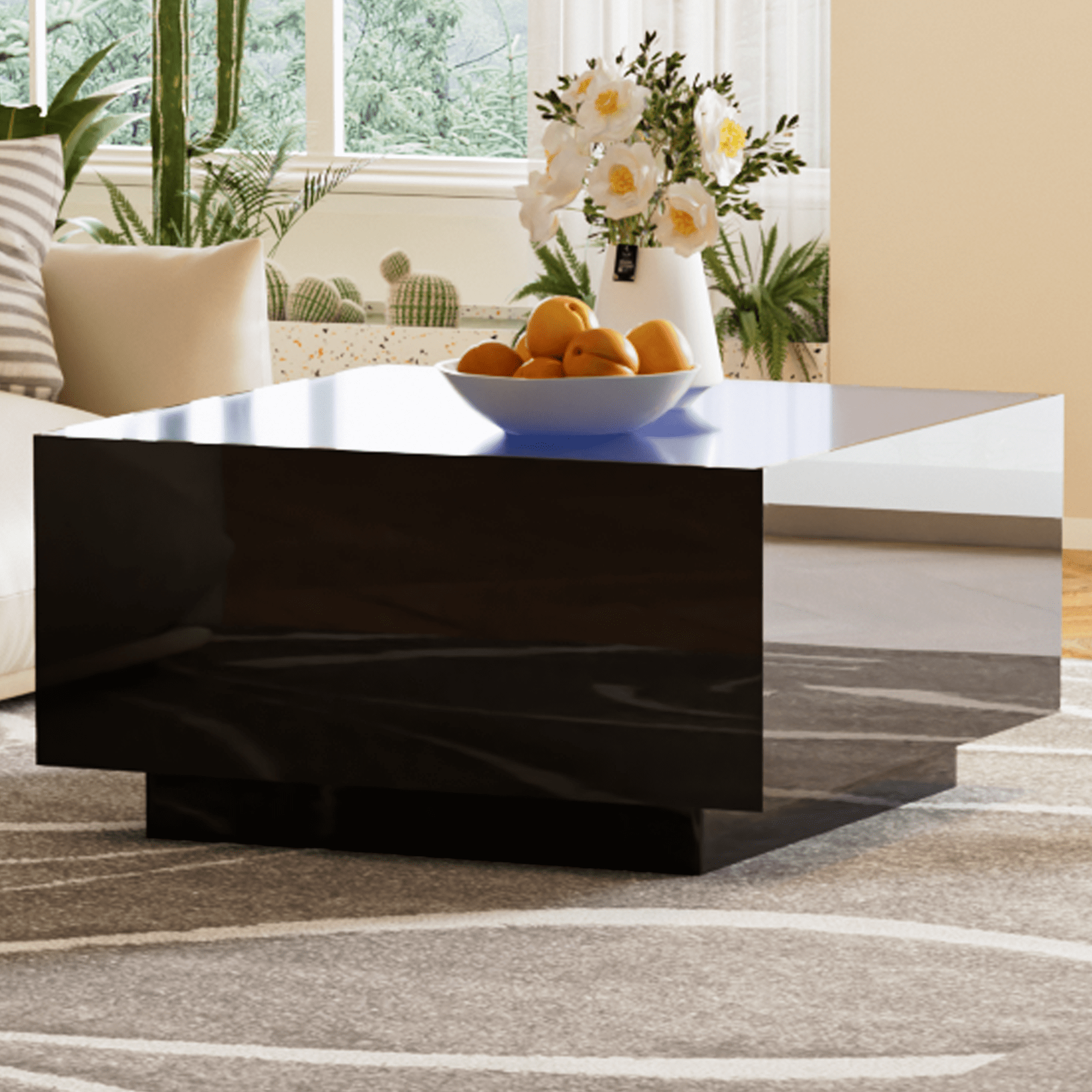 MAYEERTY Square High Glossy Coffee Table with 16-Color LED Strip Lights, Modern Center Table with 5mm Frosted Tempered Glass Top for Living Room, Black, 27.5*27.5in