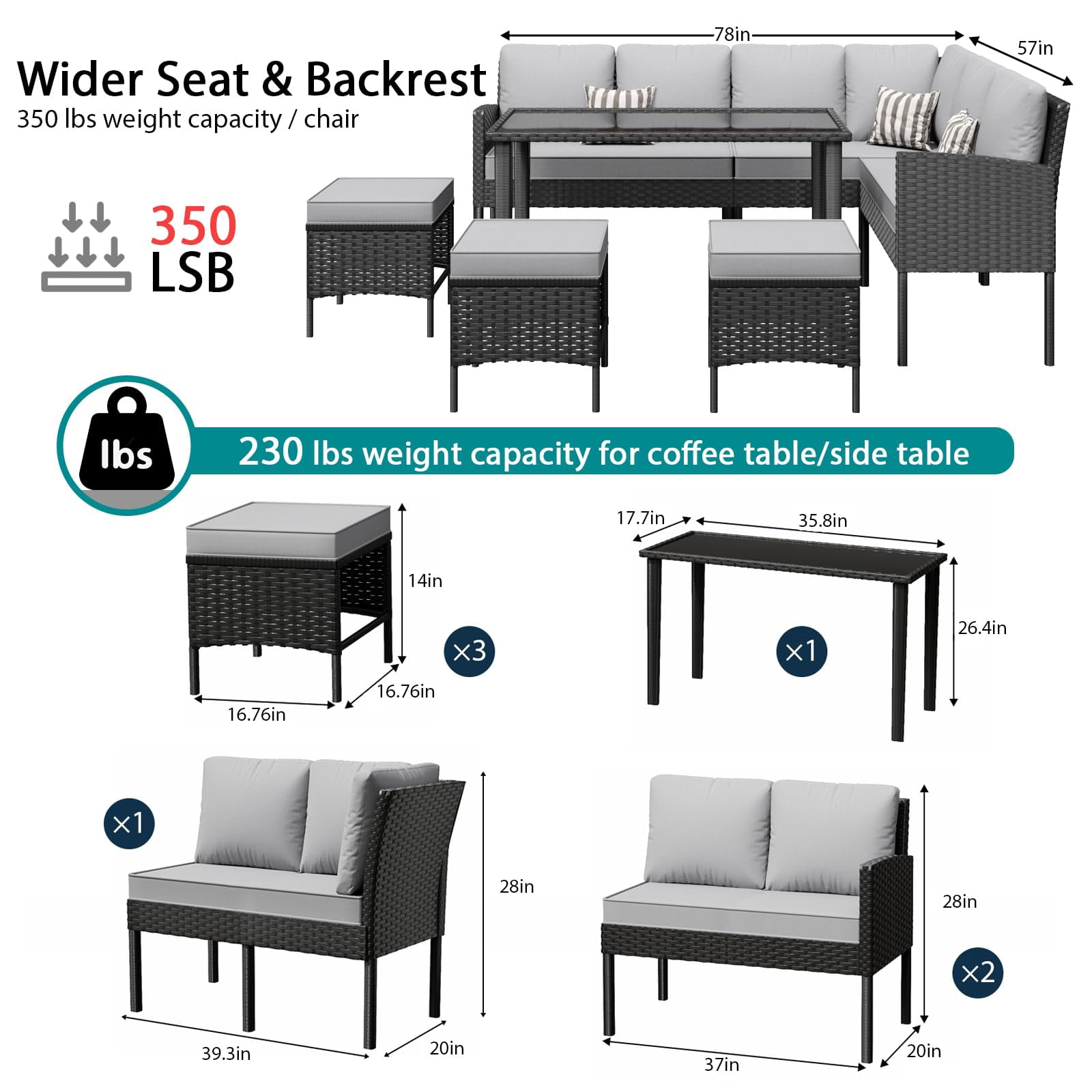 Tappio 10 Pieces Outdoor Patio Furniture Set, PE Rattan Wicker Patio Conversation Sectional Set with Ottoman, Table and Cushions for Backyard, Porch, Garden, Gray