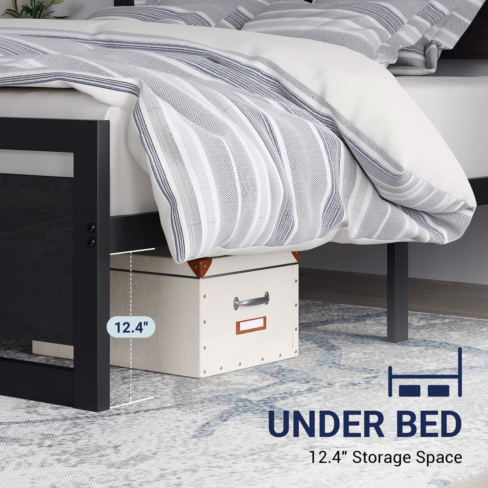 Allewie Queen Bed Frame, Metal Platform Bed Frame with Wooden Headboard, 12.4" Under-Bed Storage, Black