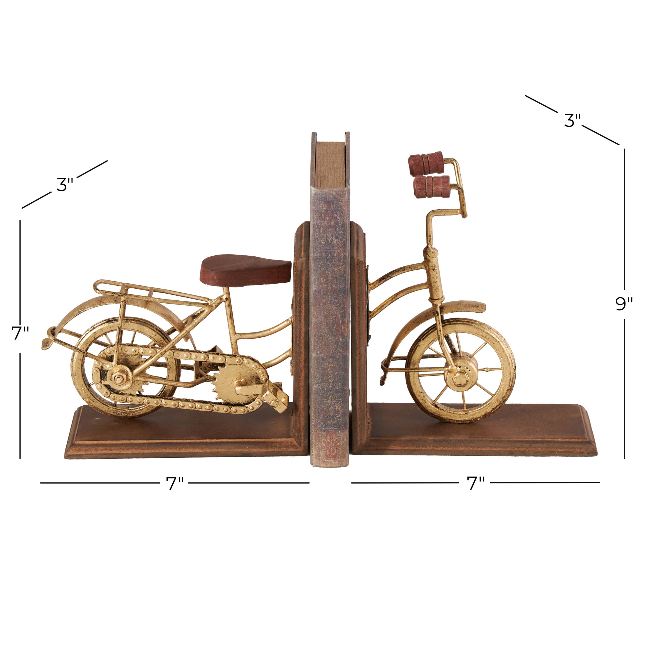 DecMode 7" Bike Brass Wood Bookends (Set of 2)