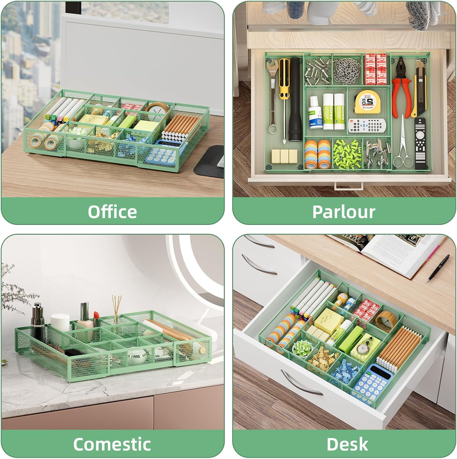 Expandable Desk Drawer Organizer, Mesh Drawer Organizer Tray with 10 Adjustable Compartments, Desk Organizers and Accessories for Office Supplies, Makeup & Vanity (Expandable-Green 2pack)