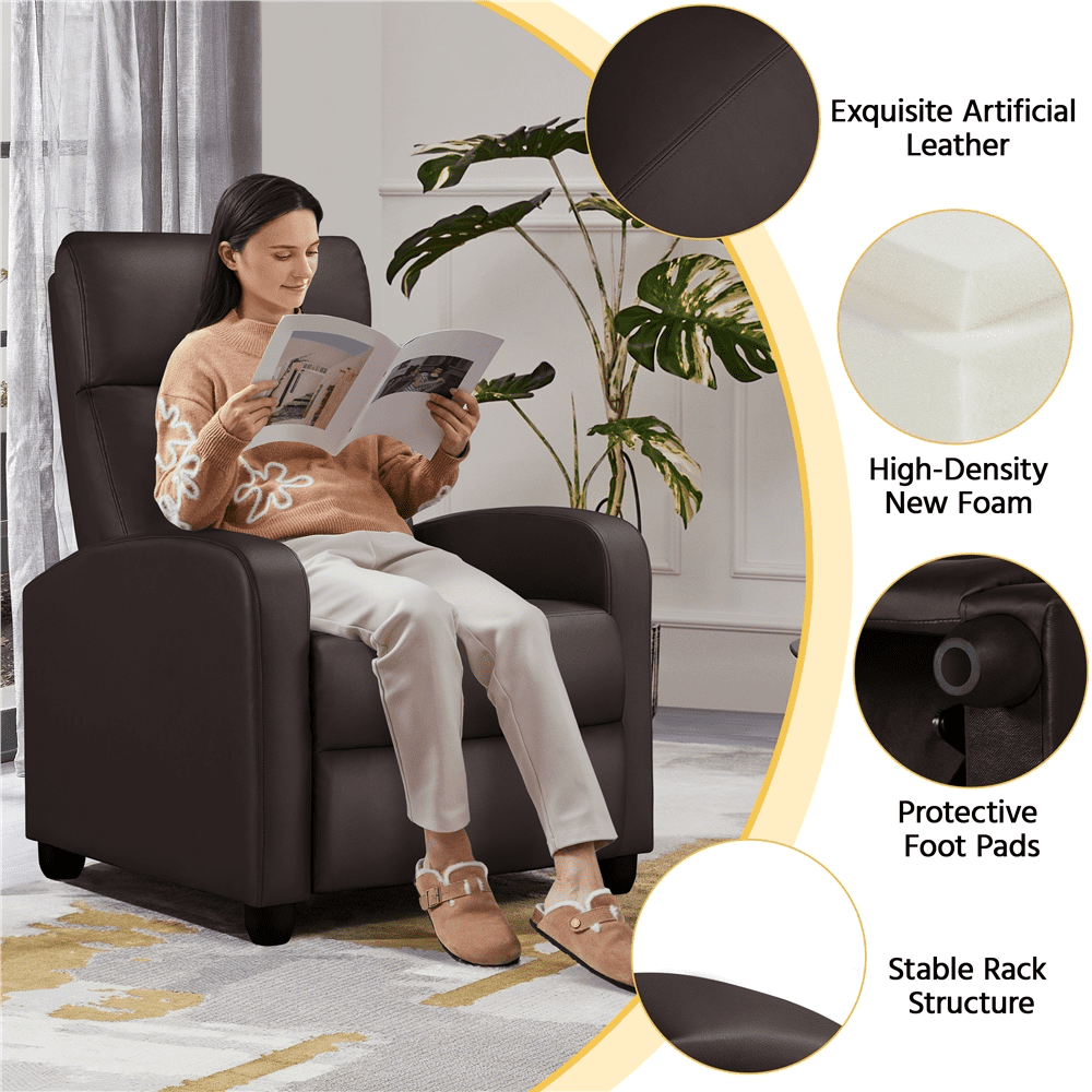 Alden Design Faux Leather Push Back Theater Recliner Chair with Footrest for Living Room, Brown