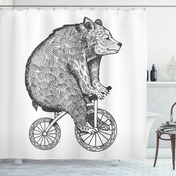 Ambesonne Bicycle Shower Curtain, Funny Circus Bear Art, 69"Wx84"L, Charcoal Grey and White