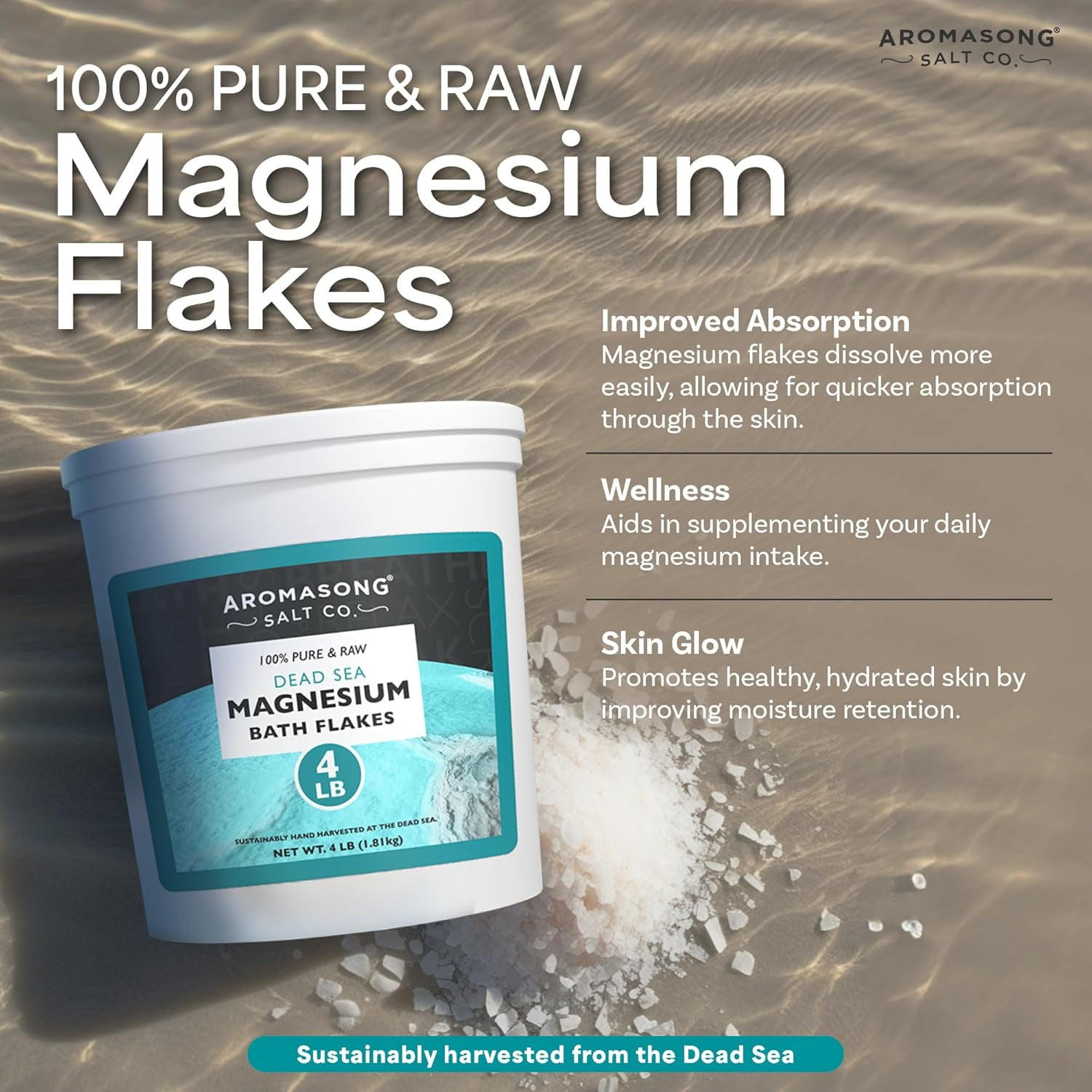 Aromasong Raw Dead Sea Magnesium Flakes for Bath 4 lb Bulk Reusable Bucket