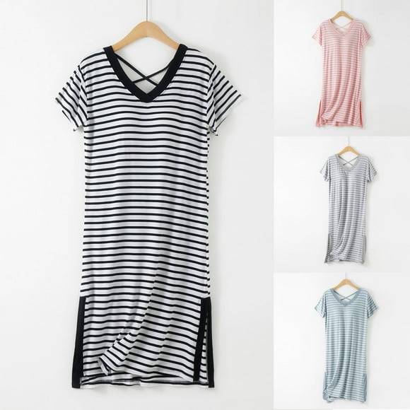 CFLVAEK Chemise de Nuit pour Femmes avec Soutien-Gorge Intégré Confortable Manches Courtes Chemises de Nuit Imprimé Rayé Chemises de Nuit Décontractées Col en V Croisé Vêtements de Nuit Doux Côté Plissé m