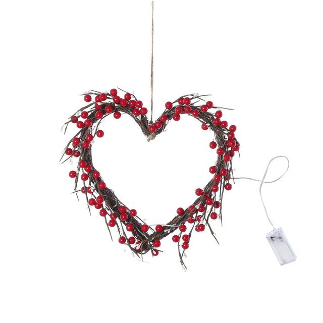 Guirnalda de corazón del día de San Valentín Baya roja con luces Decoración de la puerta principal Interior Fiesta al aire libre XBTCLXEBCO corona con 20 luces LED con frutos rojos artificiales