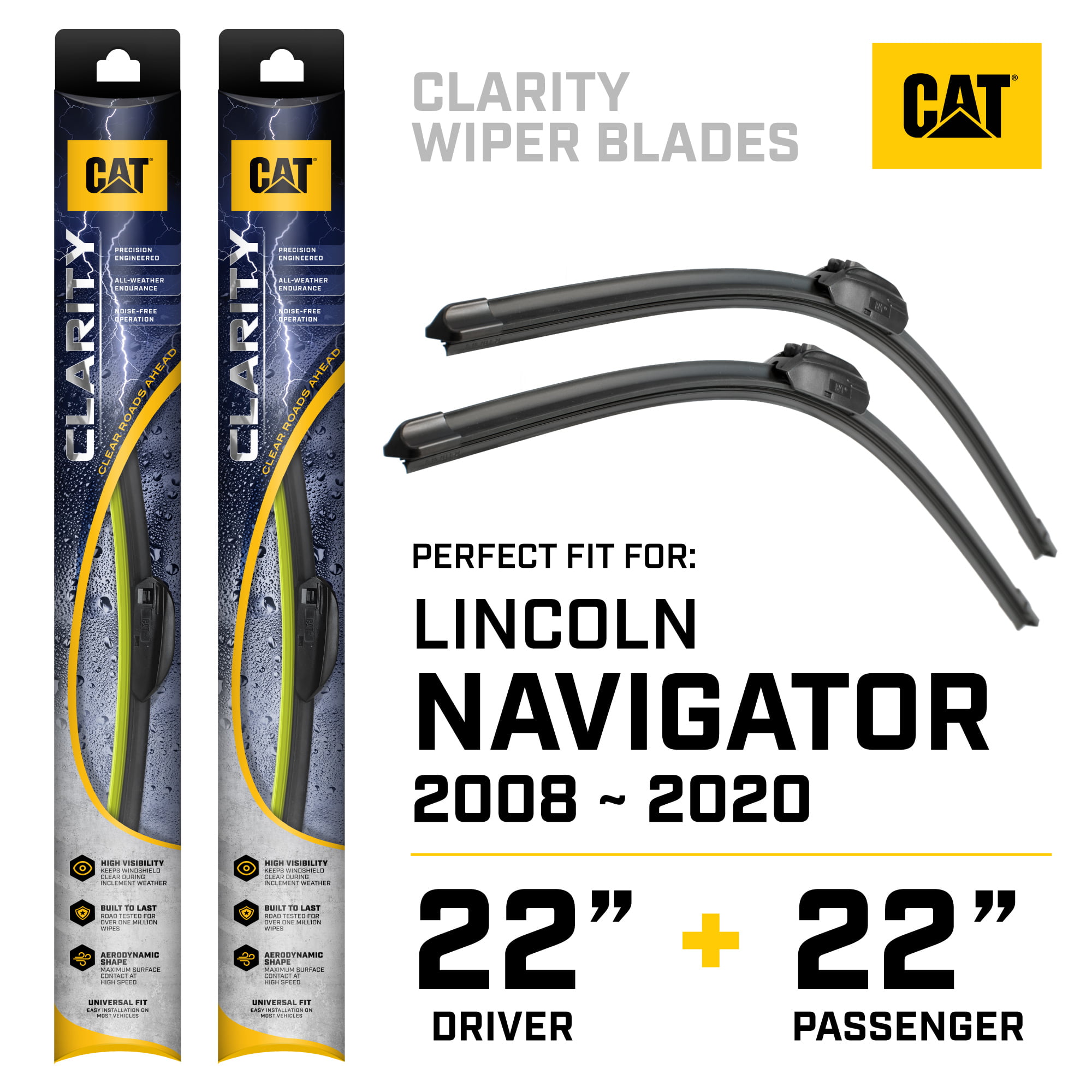 Caterpillar Clarity Premium Performance All Season Replacement Windshield Wiper Blades for Car Truck Van SUV 22 + 22 Inch - Perfect Fit for 2008-2020 Ford Expedition