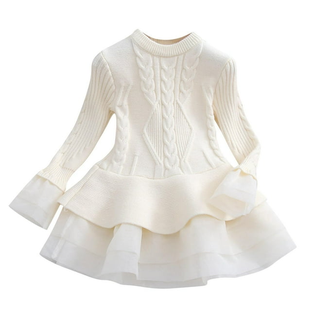 Odeerbi Vestido de Niña Suéter Otoño Invierno Algodón Vestido de Punto Color Sólido Manga Larga Vestido de Punto Malla Vestido de Tul