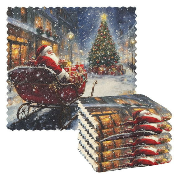 6PCS Dish Towels and Dish Cloths Reuseable Dishcloths Sets for Washing Dishes, Cooking, Baking Size 11" x 11" Christmas Street Scene