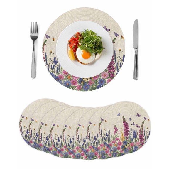 Watercolor Flowers Round 13 Inch Placemats Set of 8, Retro Botanical Blooms Floral Butterfly HeatResistant Non Slip Place Mats for Dining Table, Wipeable Braided Kitchen Table Mats for Housewarming